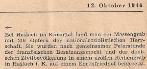 Badische Zeitung vom 12.10.1946; Stadtarchiv Haslach Badische Zeitung vom 12.10.1946; Stadtarchiv Haslach